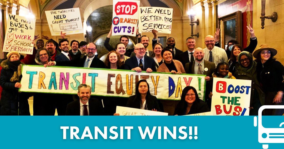 Transit Wins! hero image with photo of transit advocates rallying together at the State Capitol on Transit Equity Day 2023.